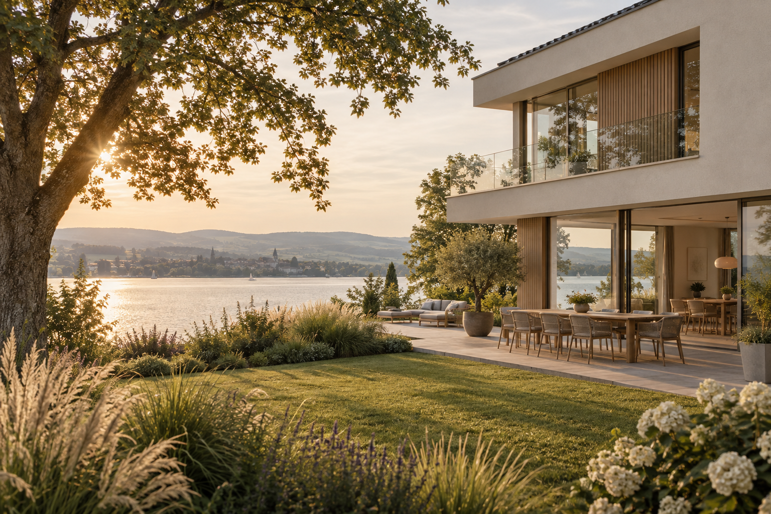 Zeitgenössisches Wohnhaus in einer ruhigen Seenlandschaft – KI-generiertes Symbolbild
