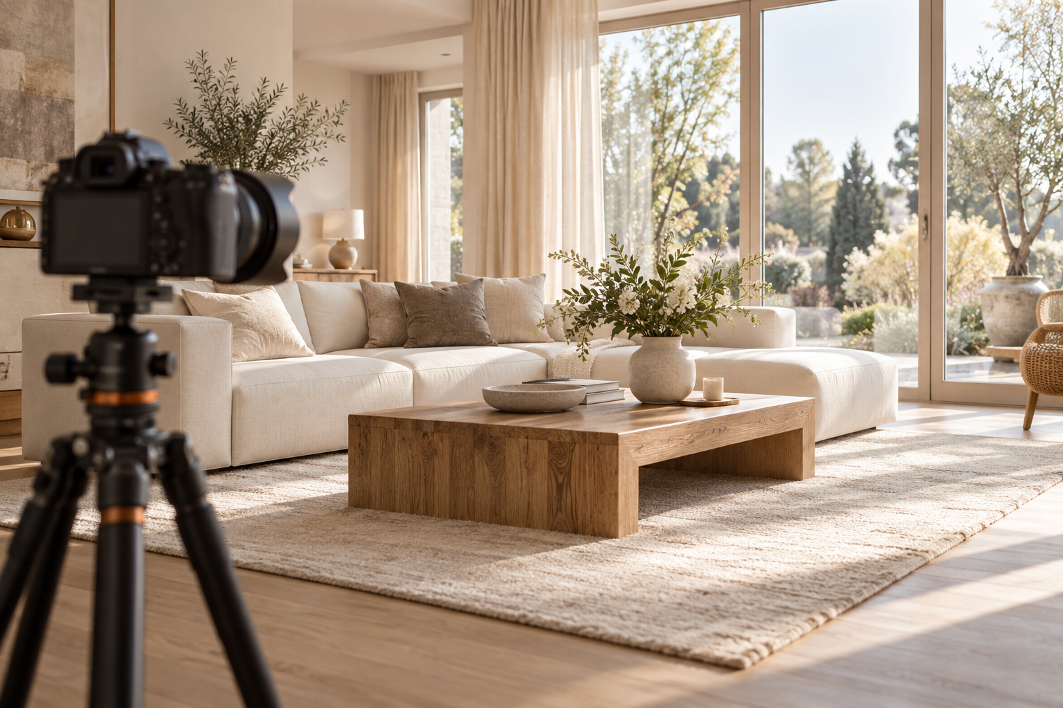 Heller Wohnraum mit Kamera auf Stativ zur Vorbereitung von Immobilienfotos – KI-generiertes Symbolbild