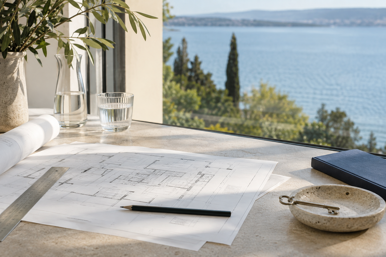Architekturpläne und Hausschlüssel an einem hellen Arbeitsplatz mit Blick auf den Bodensee – KI-generiertes Symbolbild