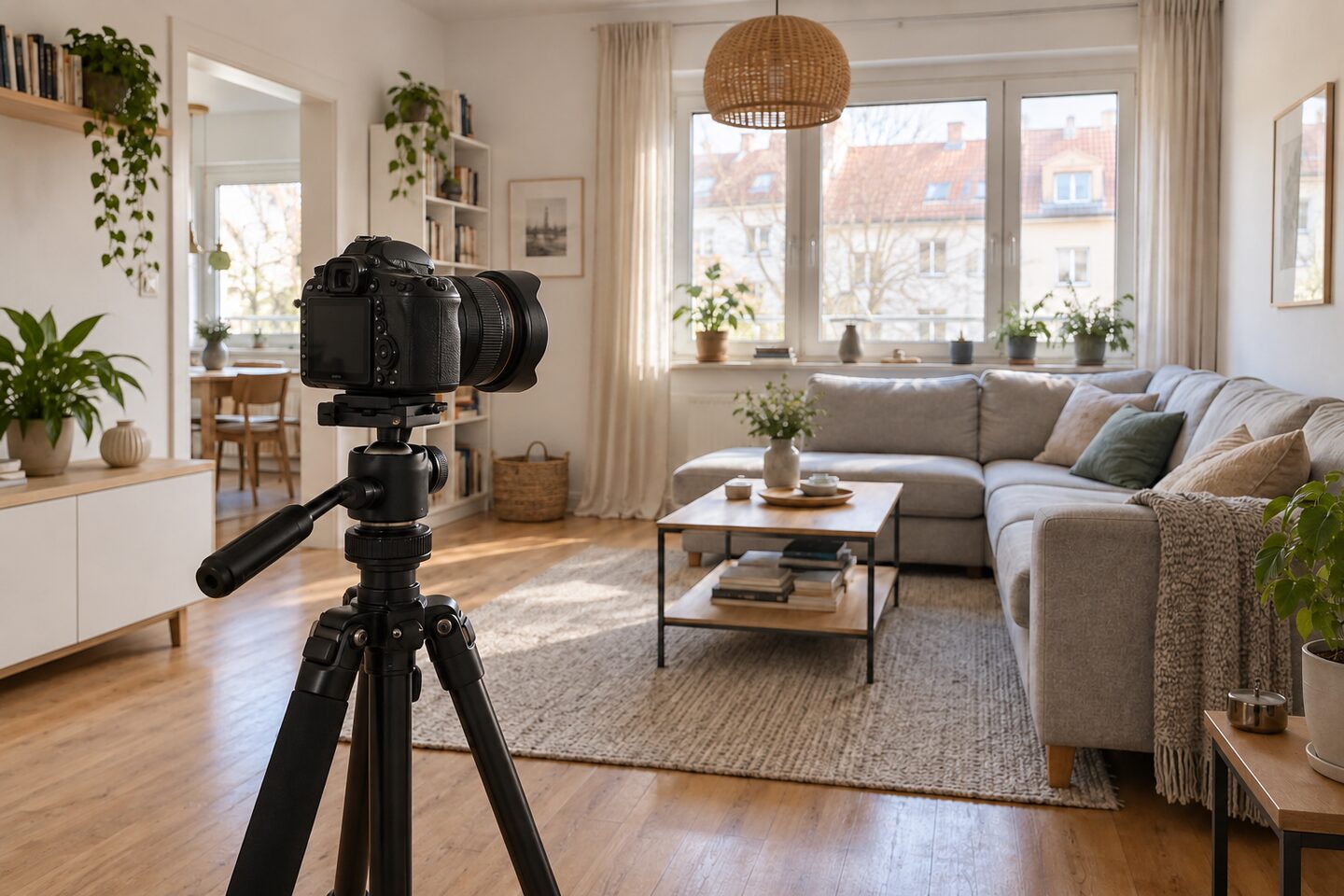 Helles Wohnzimmer mit Kamera auf Stativ für professionelle Immobilienaufnahmen