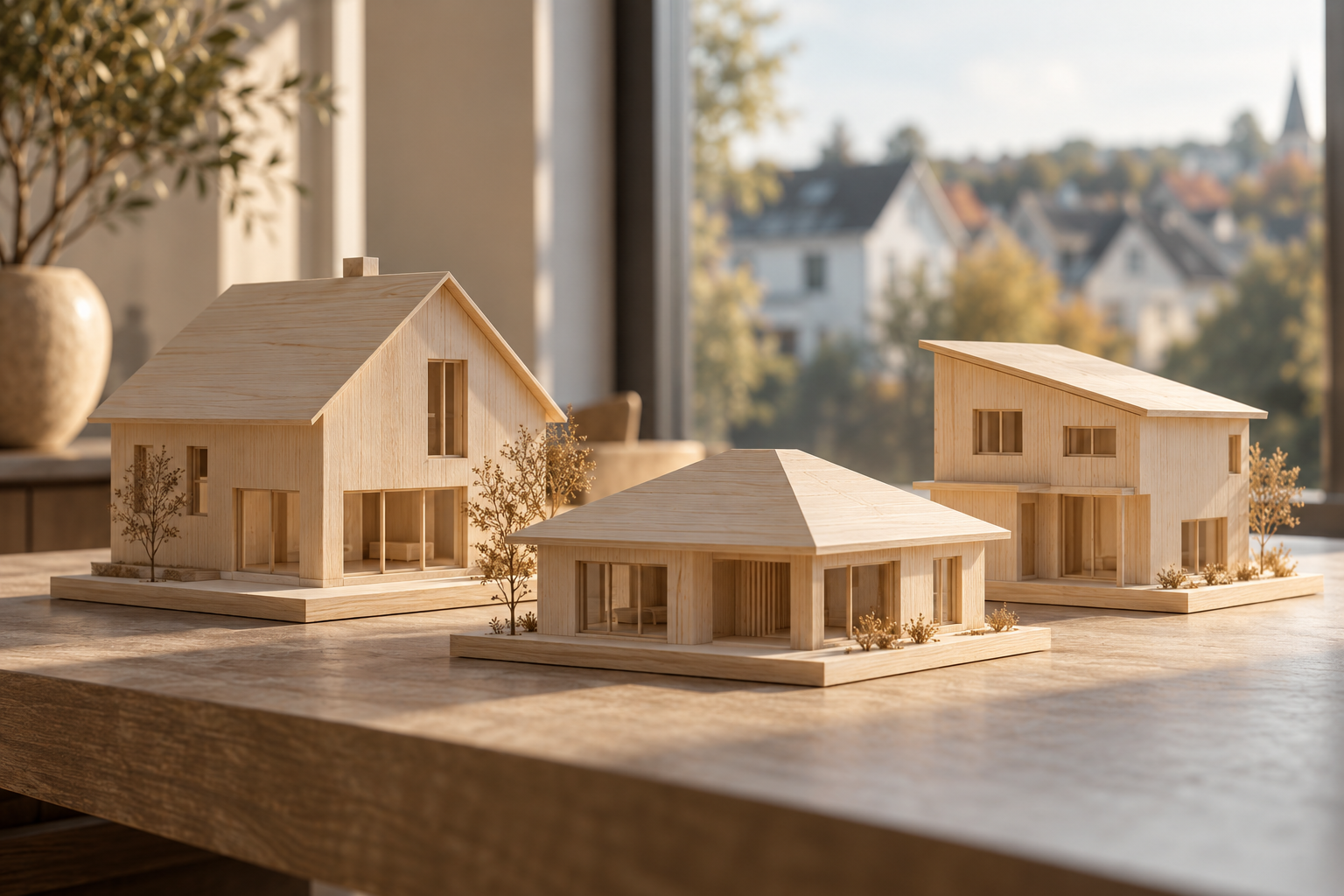 Drei unterschiedliche Hausmodelle aus hellem Holz auf einem Tisch – KI-generiertes Symbolbild
